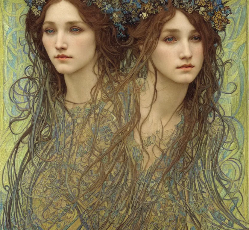 Image similar to detailed realistic beautiful young medieval queen face portrait by jean delville, alphonse mucha, vincent van gogh, and marco mazzoni, art nouveau, symbolist, visionary, gothic, pre - raphaelite