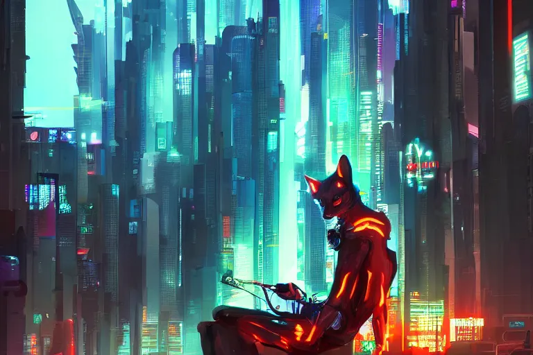 Image similar to a transhuman fox in a cyberpunk city, trending on artstation, by kawacy, neon backlighting