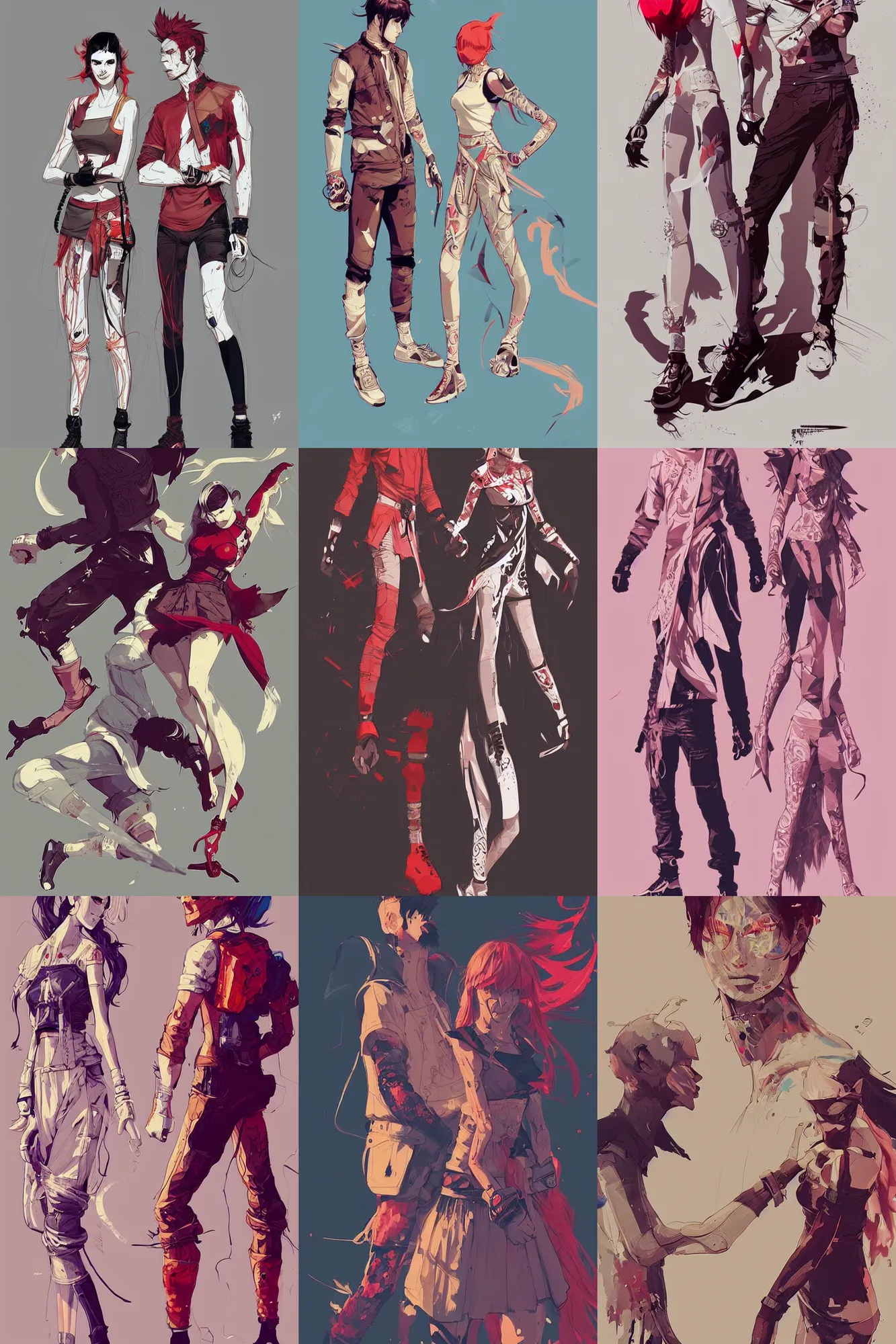 Image similar to concept arts of fashionable male and female fighters wearing trendy outfit, video game characters designs, by conrad roset, fiona staples, wlop, intricate, elegant, highly detailed, stylized, digital art, artstation, concept art, sharp focus, illustration, beautiful sunlight and shadows