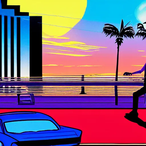 Image similar to a guy leaning against a synthwave car looking off into the sunset in miami, synthwave, vaporwave, digital painting, retro 8 0's box cover art