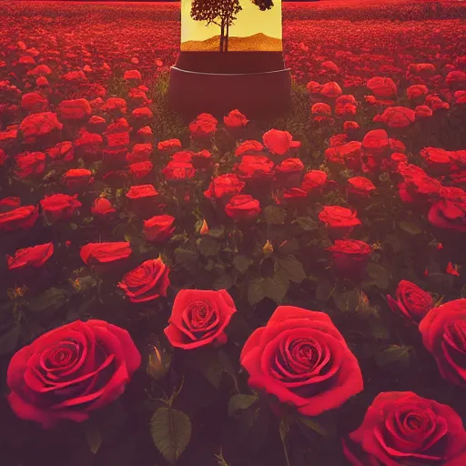 Prompt: photo of a dark tower in the center of a field of roses. golden hour. photorealism. 4 k trends on artstation. national geographic. photography on iphone