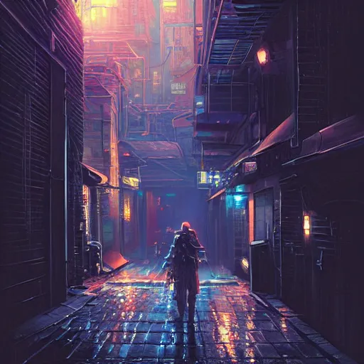 Prompt: a ultra detailed beautiful painting of a dark alleyway in a cyberpunk city at nighttime, oil panting, high resolution 4 k, by ilya kuvshinov, greg rutkowski and makoto shinkai