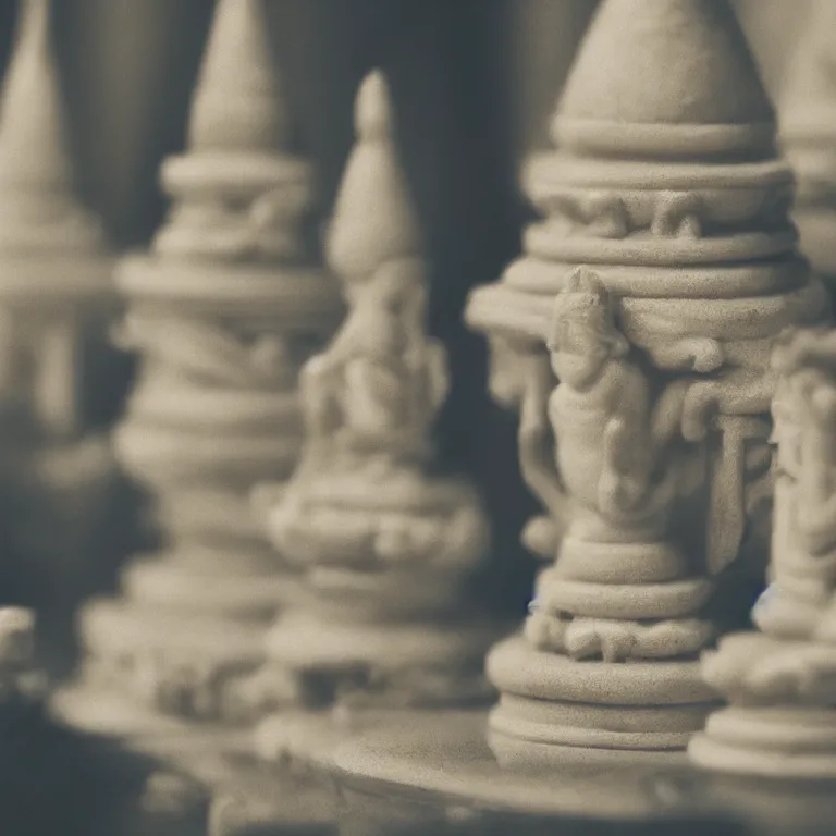 Prompt: close - up of a miniature marble temple, film photo, soft lighting album cover, nostalgia, gradient, tilt shift