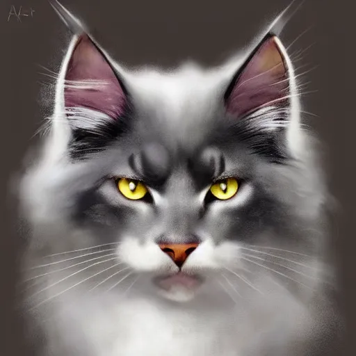 Image similar to a big old menacing dark grey maine coon cat with white belly, white paws and white face markings with long fur and fluffy tail, sitting, intricate, elegant, highly detailed, digital painting, artstation, concept art, matte, sharp focus, illustration, art by Artgerm and Greg Rutkowski and Alphonse Mucha