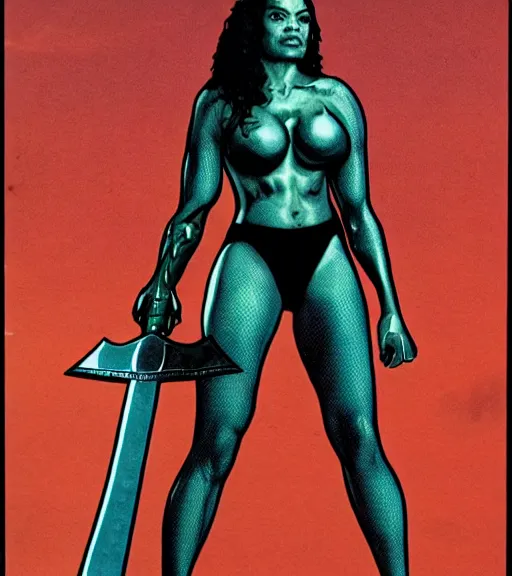 Image similar to 1 9 8 0 s fantasy novel book cover, amazonian rosario dawson in extremely tight bikini armor wielding a cartoonishly large sword, exaggerated body features, dark and smoky background, low quality print