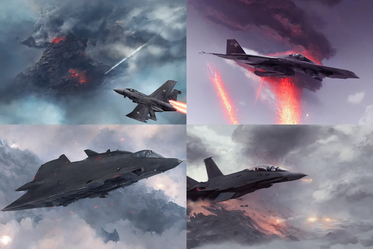 Prompt: fighter jet plane flying into a volcano by shoji kawamori, top secret space plane, tomcat raptor hornet falcon, style of greg rutkowski, style of john kenn mortensen, flowing magma, obsidian rock, volcanic ash in the air