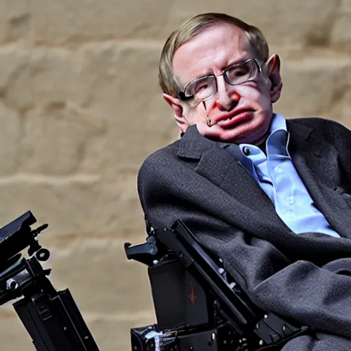 Prompt: stephen hawking with a rocket launcher blowing up terrorists