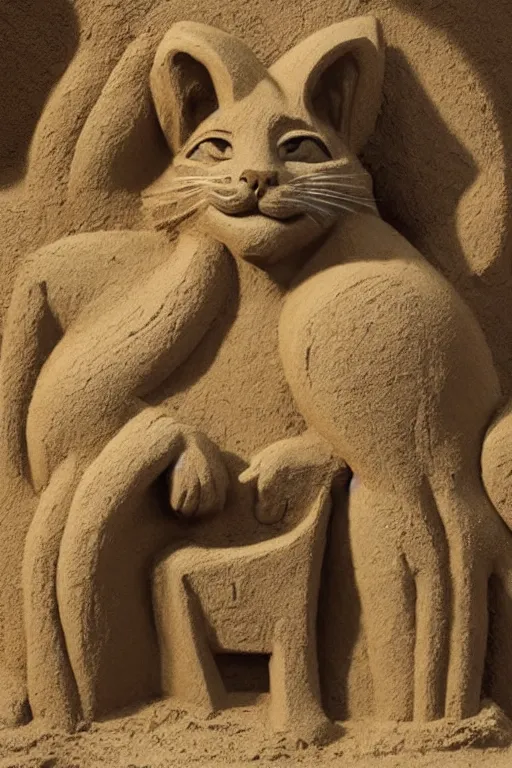 Image similar to a detailed sand sculpture of a godly cat, unreal engine 5, elegant, painted by gaston bussiere, hyper realism, artistic, dramatic lighting