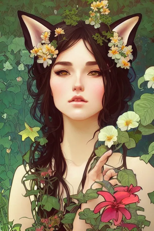 Prompt: A beautiful woman with fox ears in a garden, highly detailed, digital painting, artstation, concept art, smooth, sharp focus, illustration, art by artgerm and alphonse mucha, high definition digital art, in the style of Ross tran and ilya kuvshinov