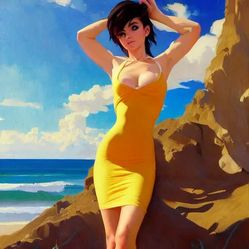 Image similar to greg manchess painting of tracer wearing a skintight dress in a beach, medium shot, organic painting, sunny day, bold shapes, hard edges, street art, trending on artstation, by huang guangjian and gil elvgren and sachin teng and artgerm and greg rutkowski and alphonse mucha