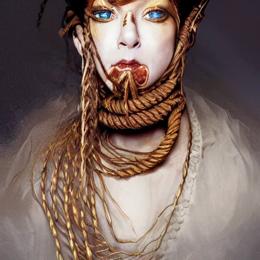 Image similar to portrait of a Shibari rope wrapped face and neck, headshot, insanely nice professional hair style, dramatic hair color, digital painting, of a old 17th century, old cyborg merchant, amber jewels, baroque, ornate clothing, scifi, realistic, hyperdetailed, chiaroscuro, concept art, art by Franz Hals and Jon Foster and Ayami Kojima and Amano and Karol Bak,