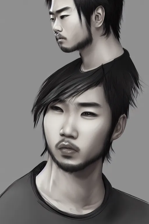 Prompt: portrait of a handsome asian man, cool hairstyle, half body shot, trending on artstation