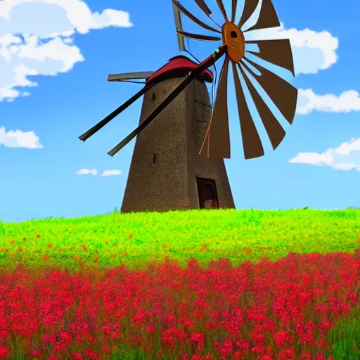 Image similar to beautiful countryside background with a windmill by studio ghibli, 4k, cute, colourful, summer