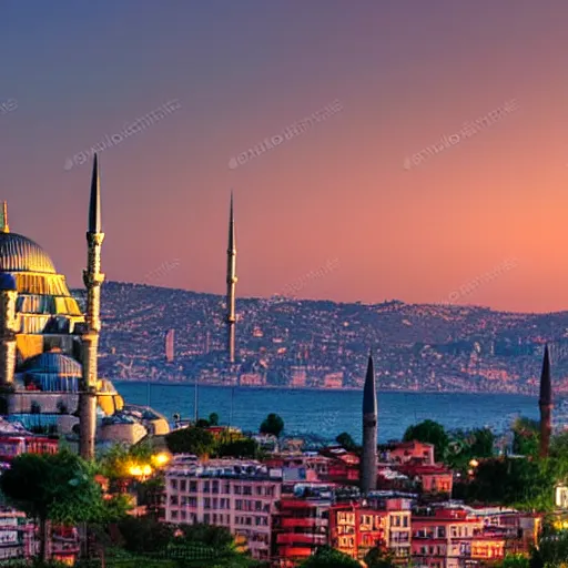 Prompt: skyline of istanbul at sunset with mosque in foreground