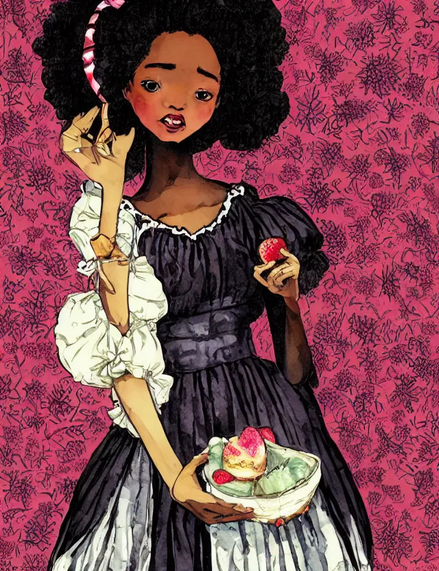 Prompt: black - skinned princess of the strawberry cream valley, wearing a lolita dress. this heavily stylized watercolor painting by an indie comic artist has interesting color contrasts, plenty of details and impeccable lighting.