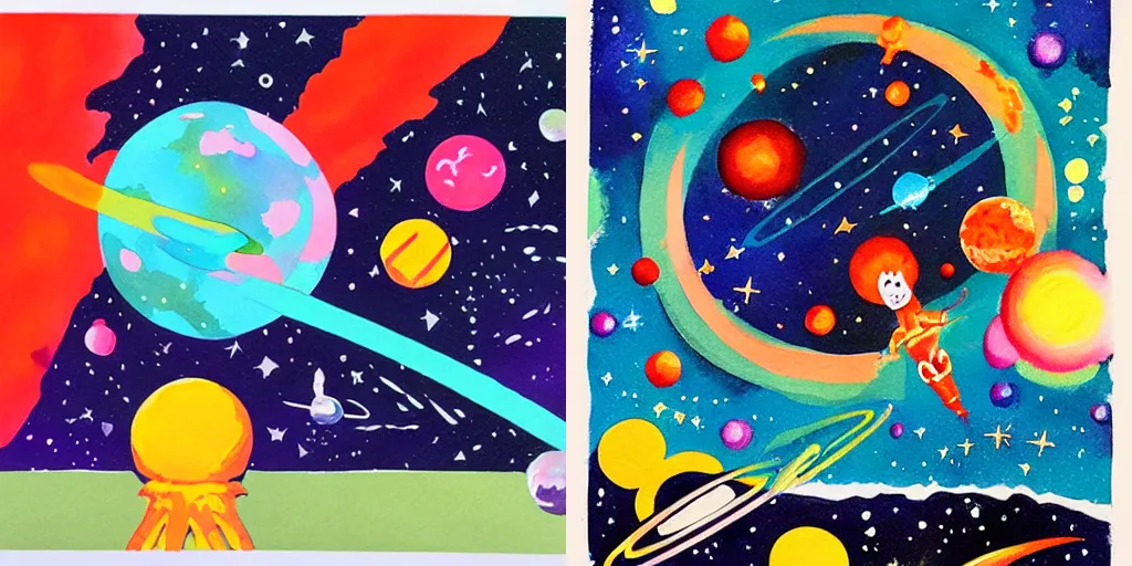 Prompt: space exloration retro illustration gouache watercolor