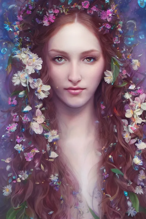 Image similar to a portrait of a beautiful elvish goddess with flowers in her hairs , hd, 4k, 8k, highly detailed, sharp, ethereal, astral environment in style of Anna Dittmann