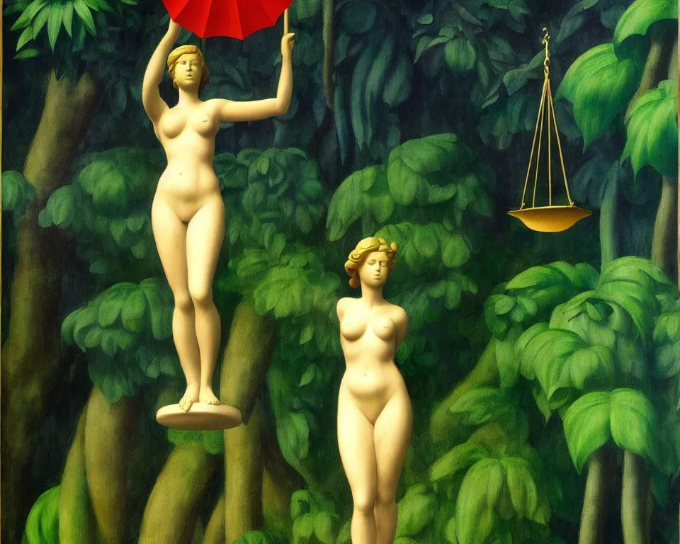 Prompt: lady justice statute in the rainforest by raphael, hopper, and rene magritte. detailed, romantic, enchanting, trending on artstation.