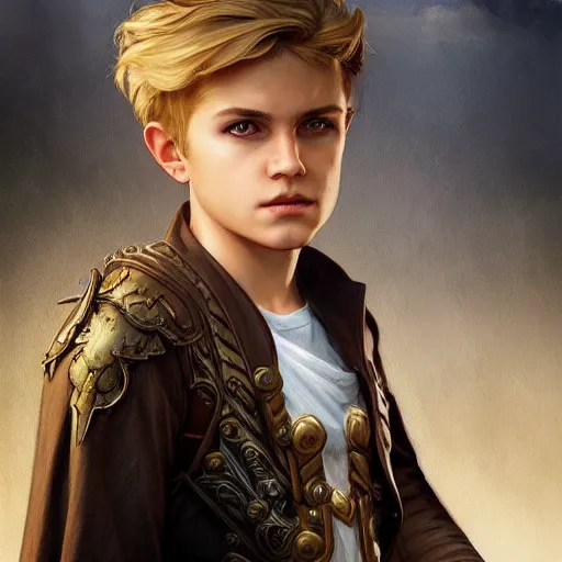 Prompt: an epic fantasy comic book style portrait painting of a young blonde boy who is over confident, wearing plain thief clothes, d & d, fantasy, intricate, elegant, highly detailed, digital painting, artstation, concept art, matte, sharp focus, illustration, art by artgerm and greg rutkowski and alphonse mucha