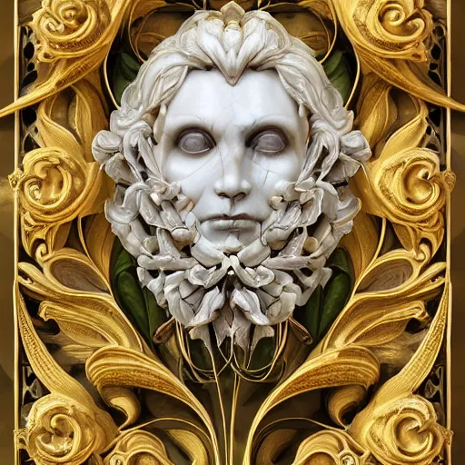 Prompt: beautiful classical holy decorative ornament, sacred death mask, snake scales, acanthus scrolls, lilies, ivy, energy, geometry, bones, petals, stems, ceremonial clouds, dripping paint, fibonacci rhythm, artstation, artgerm, wlop
