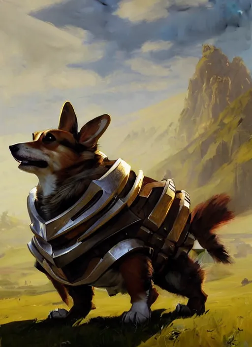 Image similar to Greg Manchess painting of a Corgi Charr from Guild Wars 2 wearing Forerunner Armor from Halo, countryside, calm, fantasy character portrait, dynamic pose, above view, sunny day, artwork by Jeremy Lipkin and Giuseppe Dangelico Pino and Michael Garmash and Rob Rey, very coherent asymmetrical artwork, sharp edges, perfect face, simple form, 100mm