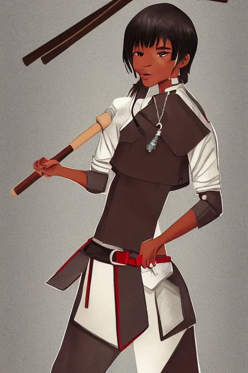 Prompt: young-looking dark-skinned female mage with brown bob-cut hair, wearing white shirt and necklace with grey short-sleeved jacket with red trim, belt, black pants and boots with red lacing, and carrying a wooden staff with floating red crystals. illustrated by Viorie