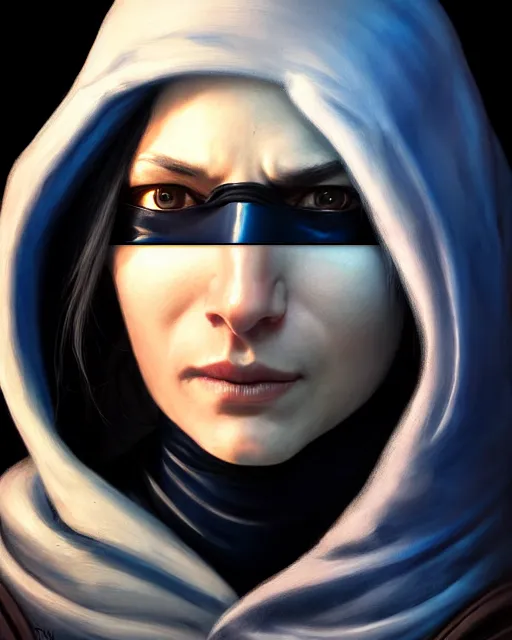 Image similar to ana from overwatch, blue hooded cloak, eye patch, blavk eye patch over one eye, older woman, character portrait, portrait, close up, highly detailed, intricate detail, amazing detail, sharp focus, vintage fantasy art, vintage sci - fi art, radiant light, caustics, by boris vallejo