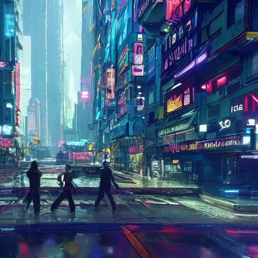 Prompt: cyberpunk city without people, rainy, colorful, beautiful, trending on artstation, HD, Unreal Engine, cyberpunk 2077, by Craig Mullins