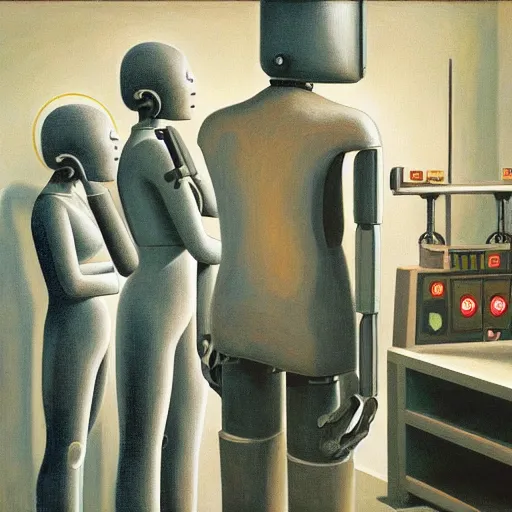 Prompt: human workers being reprogrammed at a mind control center, robot guards, grant wood, pj crook, edward hopper, oil on canvas