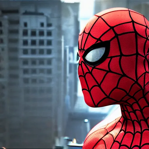 Image similar to a film portrait still of spiderman mile morales from paris, unrealengine 5. realism, cinematic lighting, highly detailed spider - man, 4 k. 8 mm. grainy. panavision.