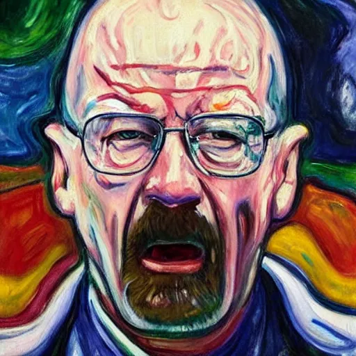 Image similar to Walter White screaming, expressive oil painting by Edvard Munch