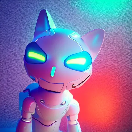 Prompt: cute robot cat, 3D character, very colourful, cinematic lighting, soft neon, octane render, trending on Artstation