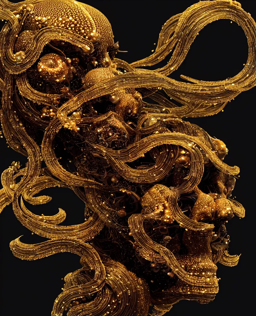 Image similar to fully black background. background hex 000000. goddess princess face close-up portrait ram skull. sculpture made of gold and decorated with brilliants. jellyfish phoenix head, nautilus, orchid, skull, betta fish, bioluminiscent creatures, intricate artwork by Tooth Wu and wlop and beeple. octane render, trending on artstation, greg rutkowski very coherent symmetrical artwork. cinematic, hyper realism, high detail, octane render, 8k