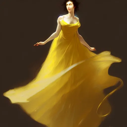 Prompt: a voluminous woman in a yellow organza dress dancing, intricate, elegant, digital painting, concept art, smooth, sharp focus, illustration, from metal gear, by ruan jia and mandy jurgens and william - adolphe bouguereau, artgerm