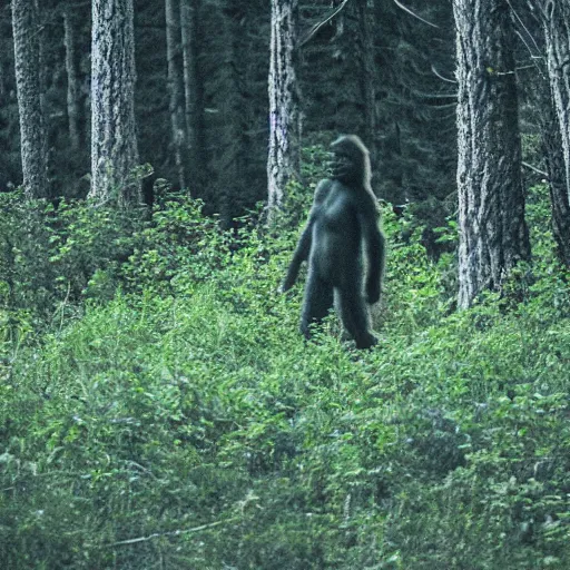 Image similar to big foot in the middle of the forest, blurry photo, very grainy, telephoto lens