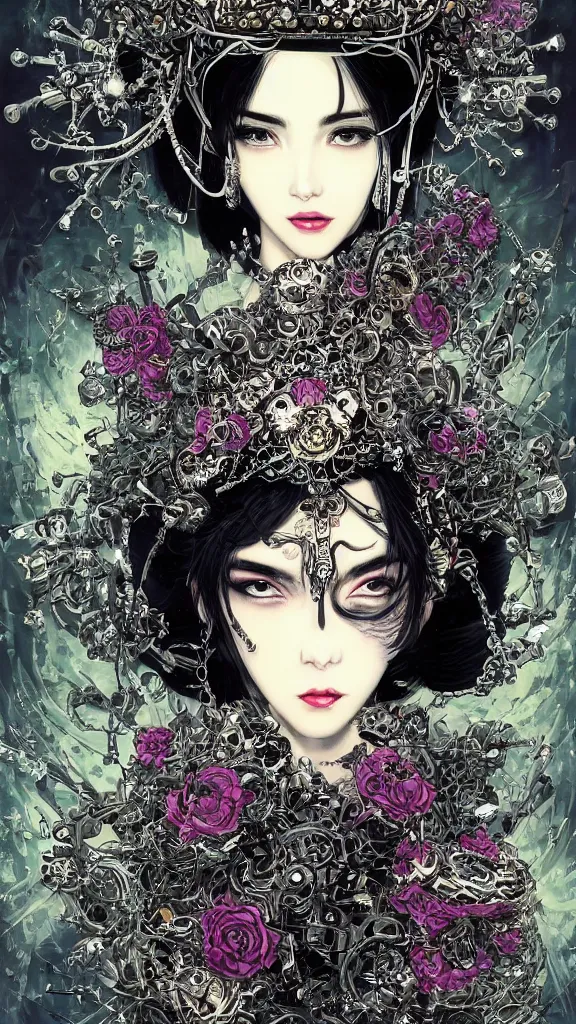 Image similar to cyberpunk fashion a beautiful black haired woman with pale skin and a crown on her head sitted on an intricate metal throne skin wrapped in flowers and wired, vintage style, by yoichi hatakenaka, masamune shirow, josan gonzales and dan mumford, ayami kojima, takato yamamoto, barclay shaw, karol bak, yukito kishiro