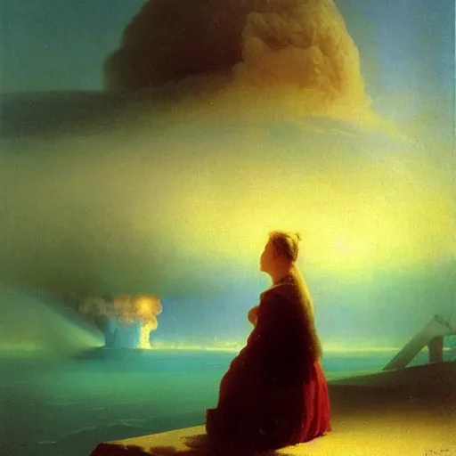 Image similar to beautiful young woman looking at giant nuclear explosion, artwork by Aivazovsky, Ivan