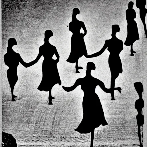 Prompt: la marche harmonique, dakr abstract blurry black and white disturbing old photograph full of mysterious black silhouettes, tim burton