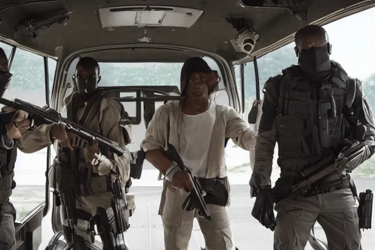 Image similar to movie diverse interracial team of Japanese robbers armed with rifles interior clean futuristic tactical van, beautiful skin, Symmetrical faces. natural lighting by Emmanuel Lubezki