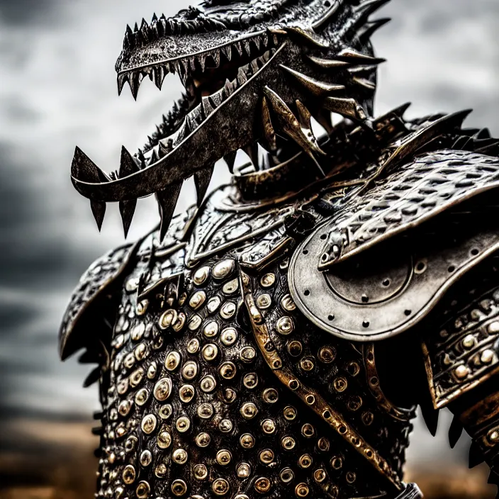 Image similar to photo of a warrior with metal crocodile themed armour, highly detailed, 4 k, hdr, smooth, sharp focus, high resolution, award - winning photo