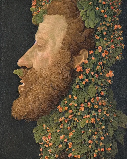 Prompt: a man's face in profile, long beard, made of flowers and fruit, in the style of the Dutch masters and Chris Ware, dark and moody