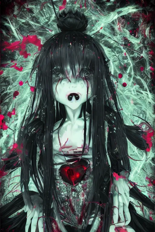 Image similar to glitchcore yokai girl, shadowverse character concept, found footage horror, glitter gif | Fatalistic (Bleak, Gloomy) | The red dump has nothing but bleak black industrial music to accompany it. | spiked korean bloodmoon sigil stars draincore, gothic demon hellfire hexed witchcore aesthetic, dark vhs gothic hearts, neon glyphs spiked with red maroon glitter breakcore Y2K horrorcore metal album cover