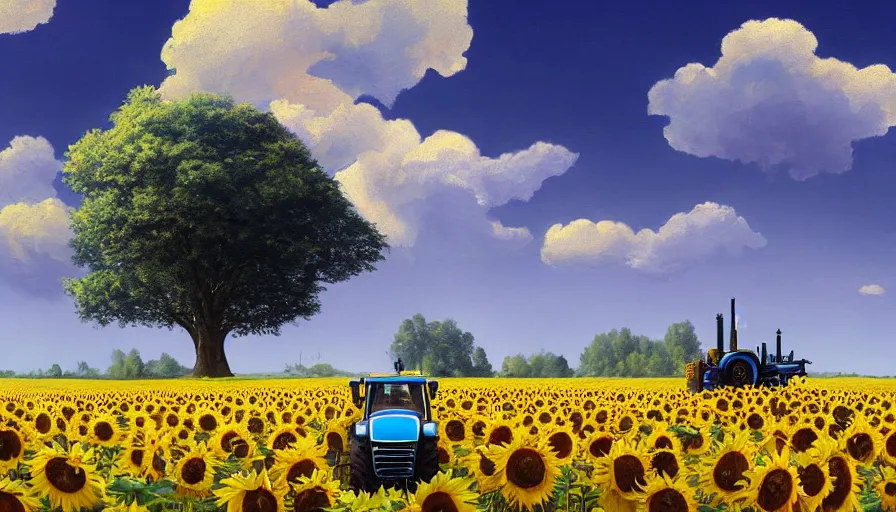 Prompt: a cute little tractor in a sunflower field, clouds, big tree, person, matte painting, art station, blue sky, simon stalenhag