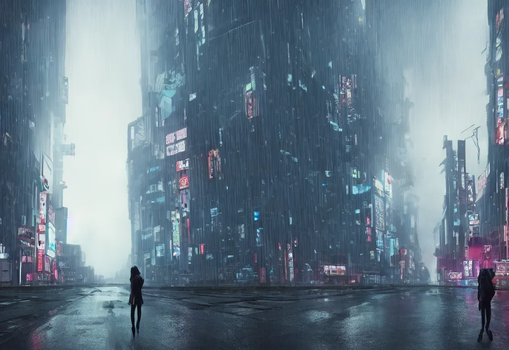 Image similar to 5 0 foot cyberpunk woman, giant, in tokyo city, skyscapers, spot lights, raining, wet, roger deakins cinematography, realistic, stylised, unreal engine, hyper realistic, octane render, camera bloom, fog, bladerunner