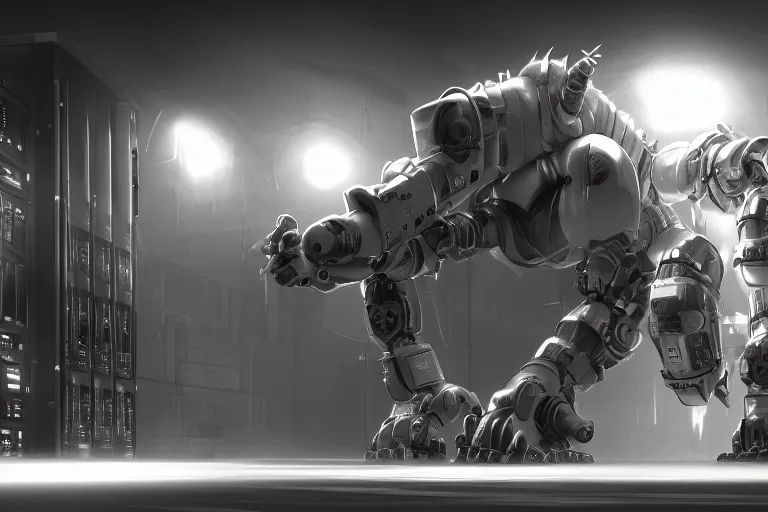 Image similar to parallax datacenter server room single mono colossus white rusty android robosaurus in artstation cinematic detailed concept art volumetric light sharp coherent server hardware diods