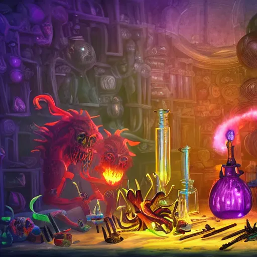 Prompt: these monsters are consumed by fire, yet they remain unharmed. they are surrounded by the tools of the alchemist's trade - beakers and test tubes full of colorful liquids, crystals, and books of ancient knowledge. the scene is suffused with an eerie glow, as if something magical is happening here. cinematic photorealistic
