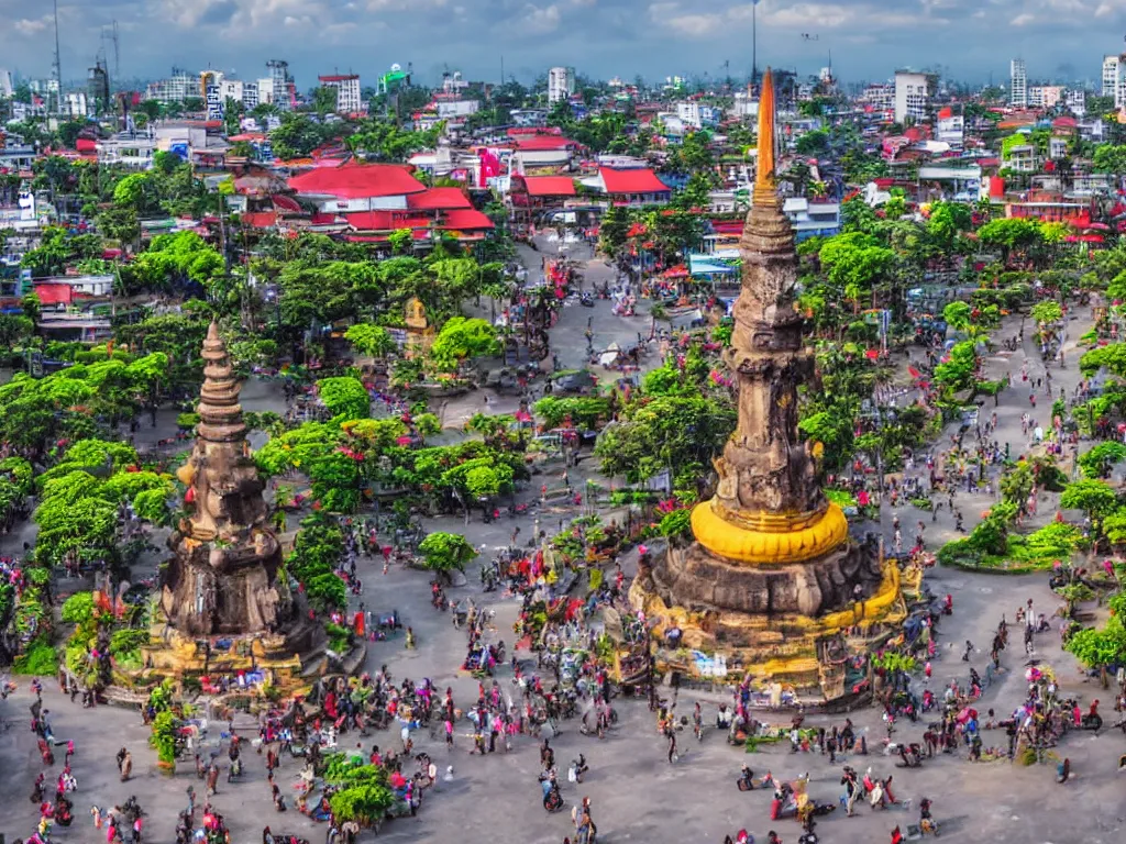 Prompt: tugu jogja with details, and panoramatic view, and dense city crowd feels with javanese wore traditional dress everywhere, high definition art, 4 k images