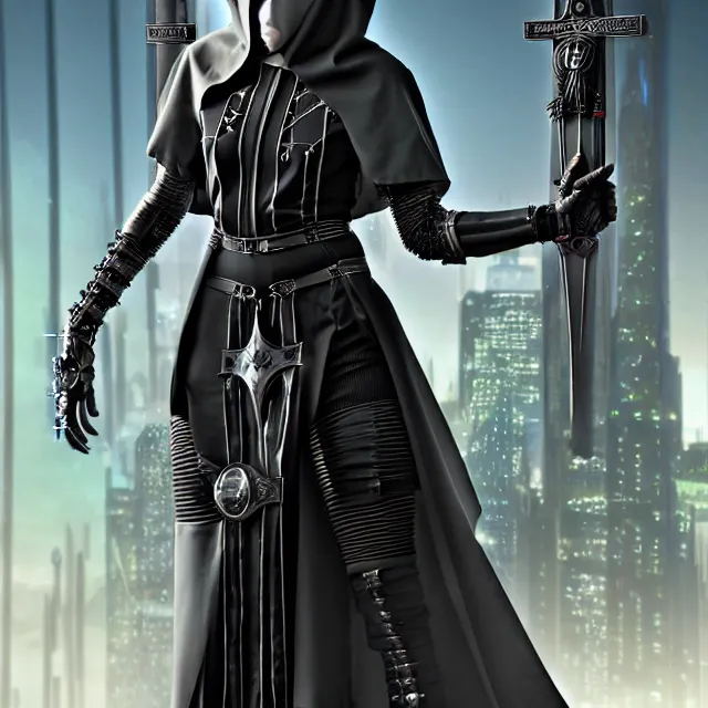 Image similar to cyberpunk nun warrior, highly detailed, 4 k, hdr, smooth, sharp focus, high resolution, award - winning photo, illustrated by anne stokes, photorealistic