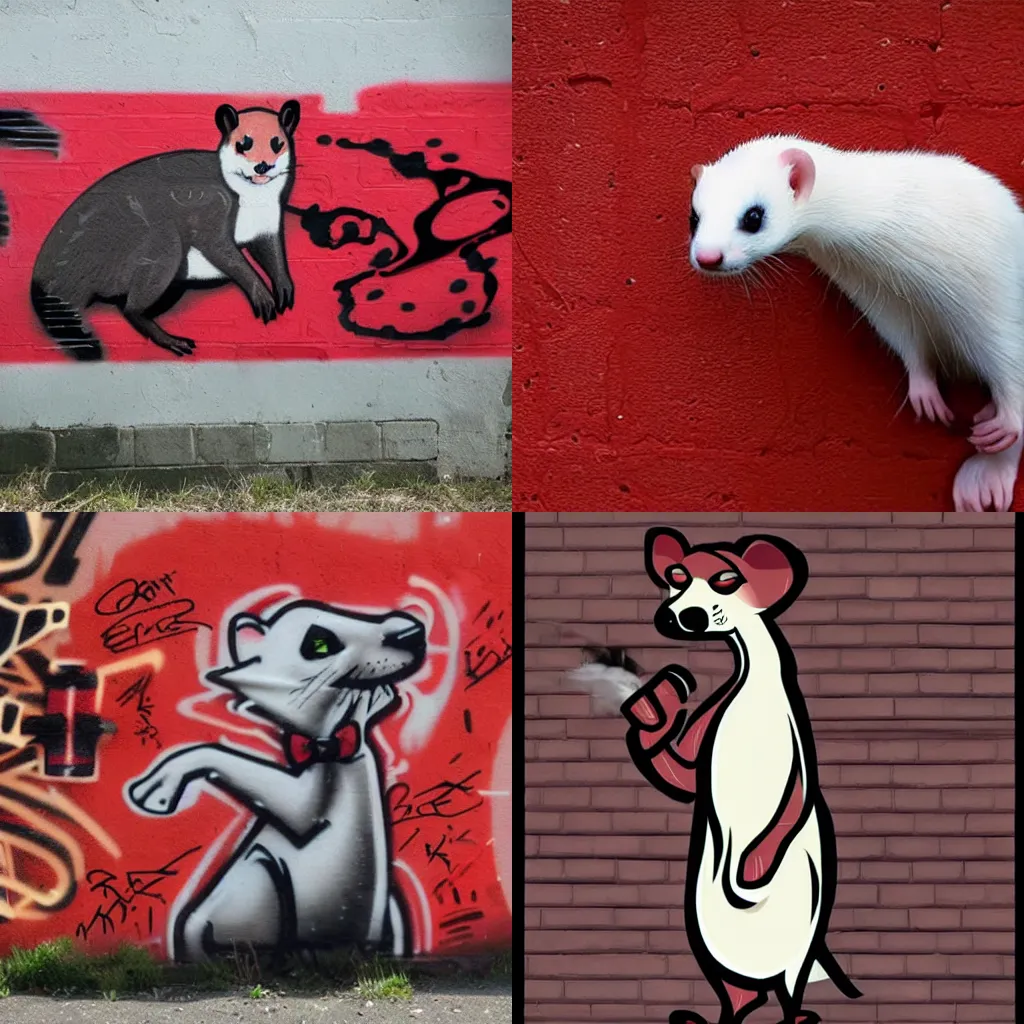 Prompt: ( ( ( ( ferret * weasel * stoat ) / ( red + black + fursona ) ) + ( smoke / backing ) ) = ( wall + graffiti )