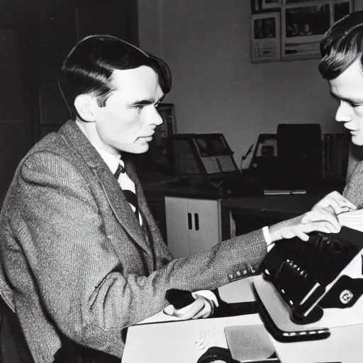 Prompt: alan turing with joan elisabeth lowther using a modern computer